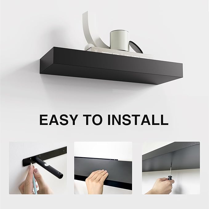 Colima Floating Shelves for Wall Black Wood Shelf for Bedroom, 15 Inch Wall Mounted for Bathroom Living Room Kitchen Office, 1.3" Thick Floating Book Shelves for Wall, Set of 2