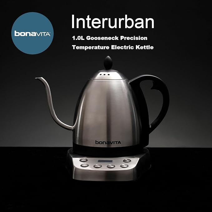 Bonavita Gooseneck Electric Kettle, Stainless Steel Water Boiler, Digital Variable Temp, Precise Pour Control, 6 Preset Temps for Pour-Over Coffee & Tea, Café, Home, 1 Liter, Stainless Steel Base