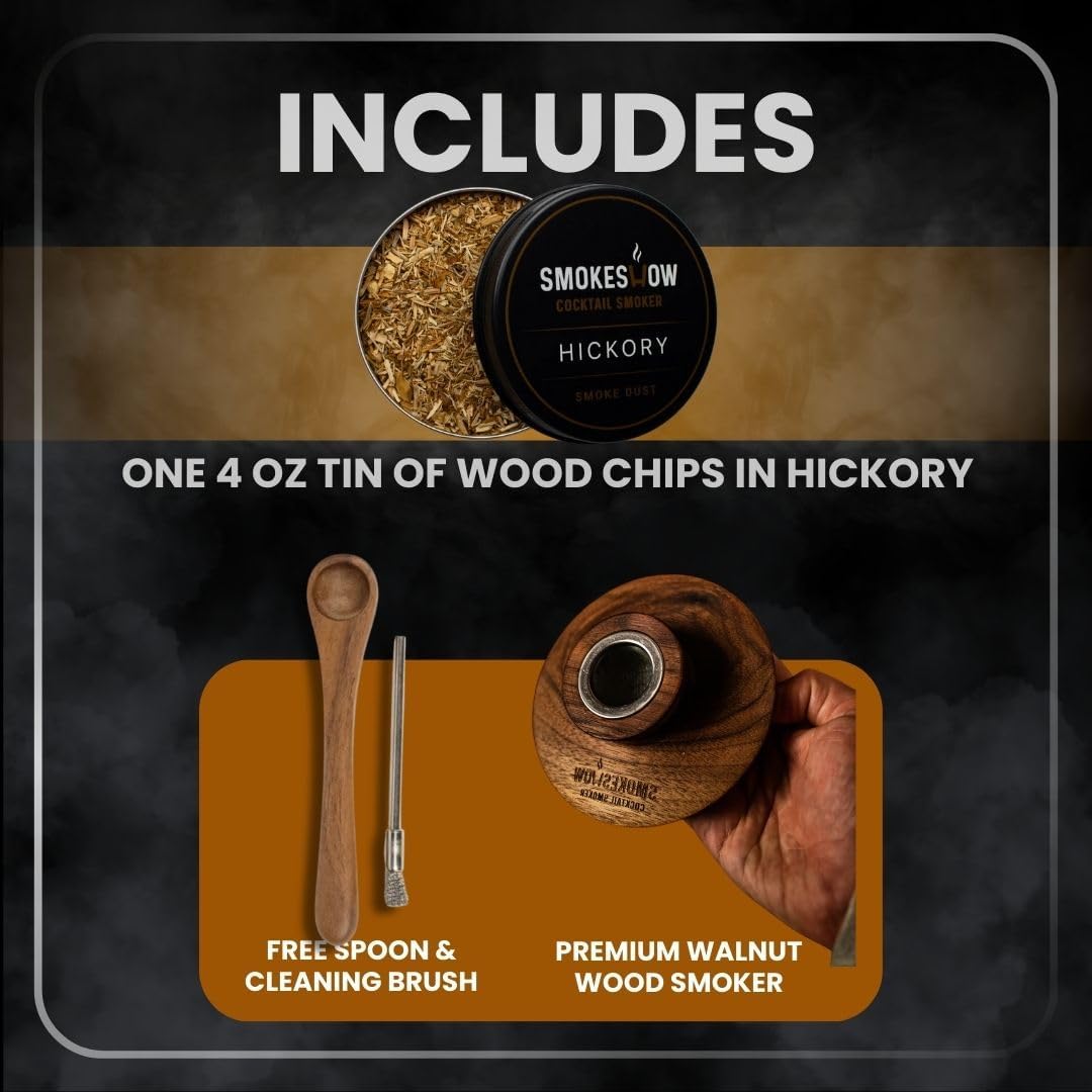 Premium Walnut Wood Cocktail Smoke with One 4 oz tin of Wood Chips. Great for Whiskey & Old Fashion. Coated in Safe Food Natural Beeswax, Non-toxic Top by Smokeshow (Hickory)