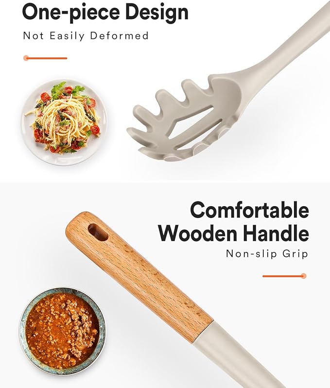 Silicone Pasta Fork And Cooking Spoon, Kitchen Heat Resistant Noodle Spoon Server, BPA Free Spaghetti Strainer,12.8 inch