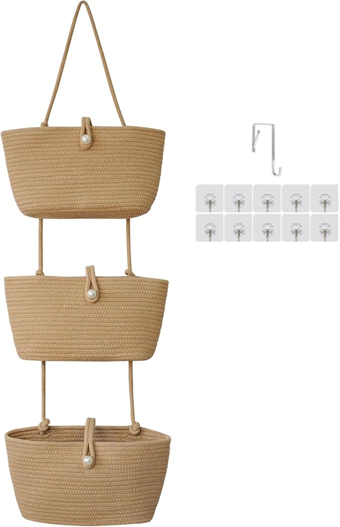 TeoKJ 3-Tier Hanging Baskets for Storage with Pearl Button Strap, Cotton Rope Over the Door Organizer, Wall-Mounted with Hook Decorative Hanging Nursery Baskets, Jute