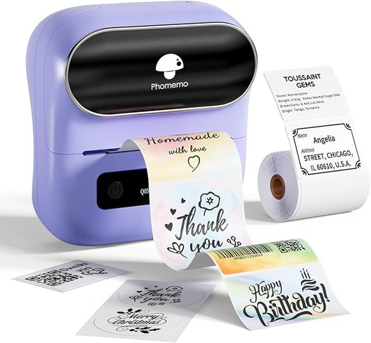 Phomemo M220 Label Maker, Bluetooth Thermal Label Maker Machine for Barcode, Address, Home, Mailing, Small Business,Clothing, Portable Wireless Printer with 1 Rolls Label, Purple