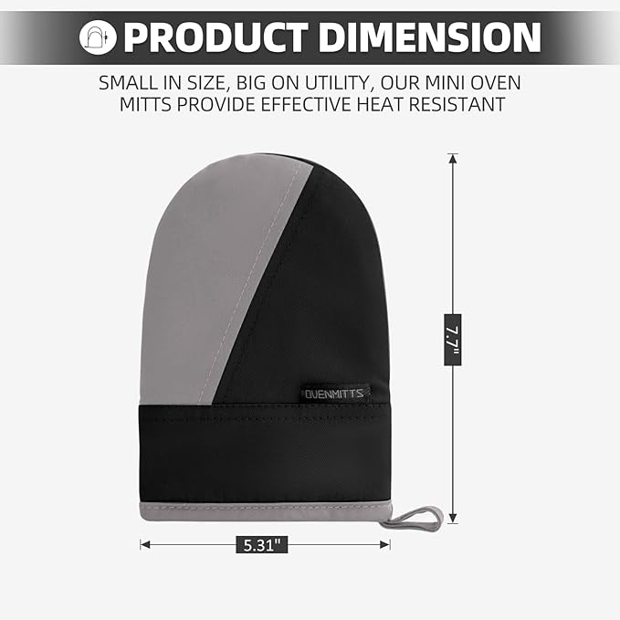 Mini Oven Mitts, Kitchen Oven Gloves Kitchen Mittens 500 Degrees Heat Resistant Baking Gloves, Non-Slip Silicone Surface with Hanging Loops Hot Gloves for Cooking, Baking, BBQ 1 Pair-Black