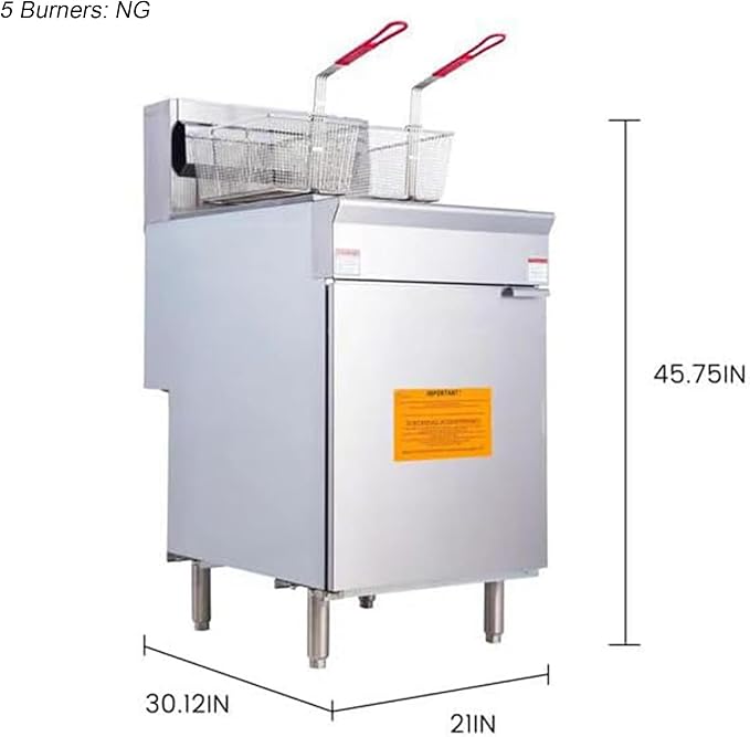 CLIVIA Natural Gas Floor Deep Fryer, Commercial Fryer with 2 Baskets, 75 lb. Oil Capacity with 5 Burners, Total 150,000 BTU Gas Fryer for Restaurants