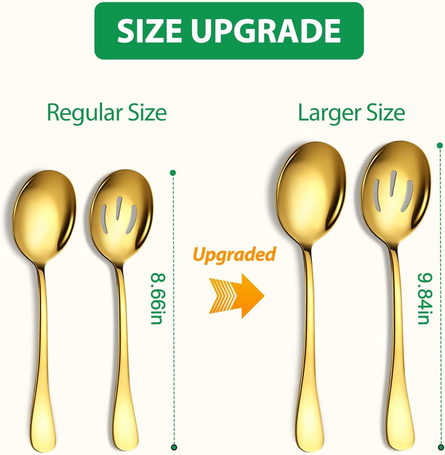 Gold Large Serving Spoons, 8 Pieces Large Stainless Steel Serving Spoons Set Includes 4 Large Serving Spoon,4 Large Slotted Spoons. Serving Spoons for Parties/Buffet, Dishwasher Safe, 10-Inch