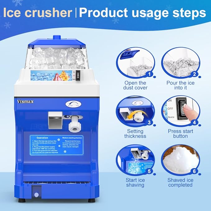 Electric Snow Cone Machine, 300W Ice Shaver Machine, Thickness Adjustable Snow Cone Maker Machine 661LBs/hr Ice Crusher for Bar Parties Events Snack, Home and Commerical Use Blue(5.8Qt)