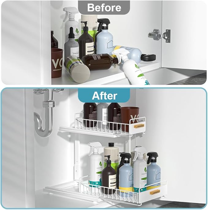 Under Sink Organizer, Pull Out Kitchen Cabinet Organizer, 2-Tier Metal Under Sink Organizers and Storage Height-Adjustable, Kitchen Bathroom Organizers and Storage Shelves, White