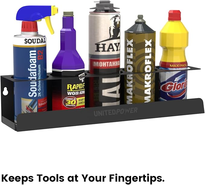 UNITEDPOWER 5 Aerosol Spray Can Holder, Paint Bottle Storage Rack, Steel Wall Mount Shelf, Tool Organizer for Garage, Craft Workspace and Home