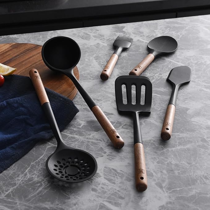 Set of 2pc Silicone Cooking Utensils: Wooden Handle Ladle + Long Head Serving & Cooking Spoon, Heat Resistant, BPA Free, Scratch-Resistant Surface Design