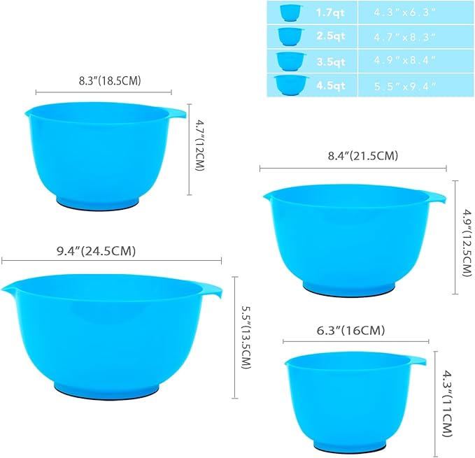 BoxedHome 4 Quart Large Plastic Mixing Bowls, Microwave Safe Mixing Bowl Set with Pour Spout, Nesting Bowls for Space Saving Storage(Teal)