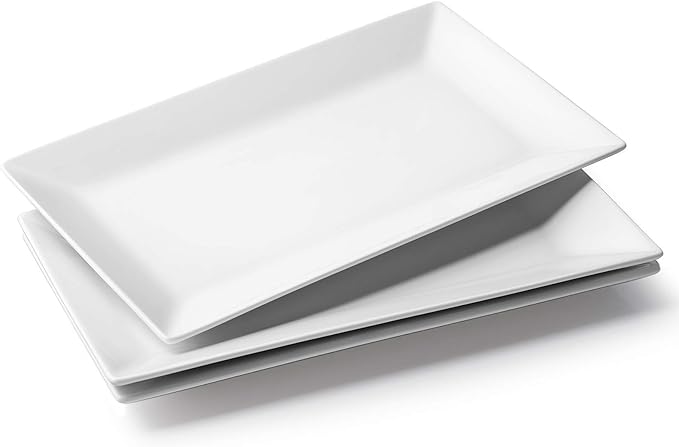 DOWAN 14" Serving Trays, Serving Platters, Ceramic Serving Platters and Trays, Rectangle Plates, Set of 3, for Weddings, Parties, Oven, Microwave, Dishwasher, Heat Resistant, Easy to Clean, White
