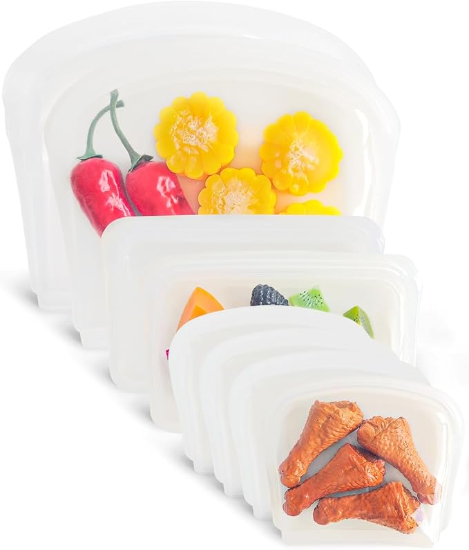 Reusable Silicone Storage Bag, 8Pack Pocket, Snack, and Sandwich Bag, Endurables Seal-Top Silicone Bags for Food Storage, Freezer, Microwave, Oven, Dishwasher Safe (Clear)