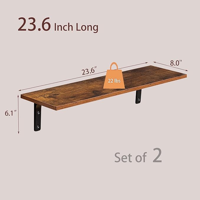 DINZI LVJ Long Wall Shelves, 23.6 Inch Wall Mounted Shelves Set of 2, Easy-to-Install, Wall Storage Ledges with Sturdy Metal Brackets for Living Room, Bathroom, Bedroom, Kitchen, Rustic Brown