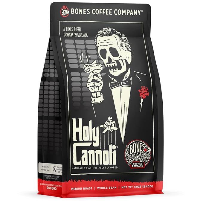Bones Coffee Company Holy Cannoli, Baked Cannoli Flavored Coffee, Medium Roast Low Acid Arabica Beans Compatible with Auto drip and French Press Coffee Maker, 12 Oz Whole Bean