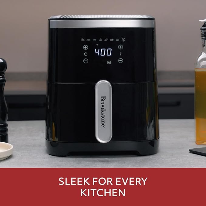 Brookstone Air Fryer – 4.5 Qt, 1300W Large Capacity Fryer with LED Display, 8 Presets, Adjustable Temp, Oil-Free Kitchen Appliance for Baking, Roasting, Frying, Healthy Crispy Meals, Black