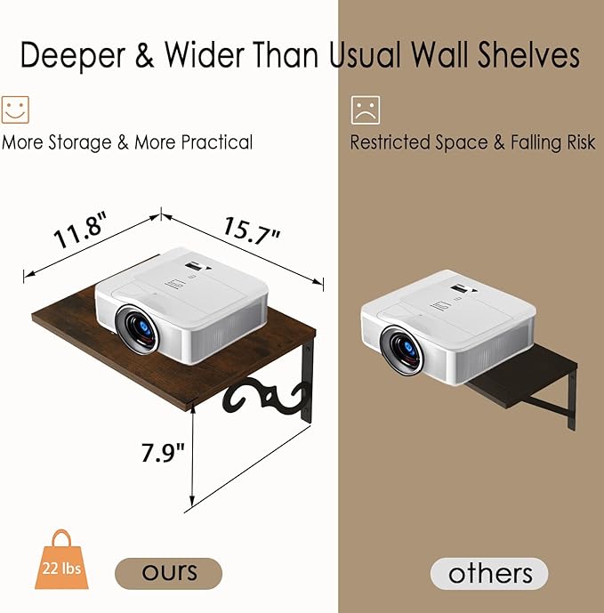 DINZI LVJ Deep Floating Shelves, 16" W x 12" D Wall Shelves Set of 2, Wide Display Shelf Wall Mounted with Brackets, Easy-to-Install Wall Bookshelf for Living Room, Bathroom, Bedroom, Rustic Brown