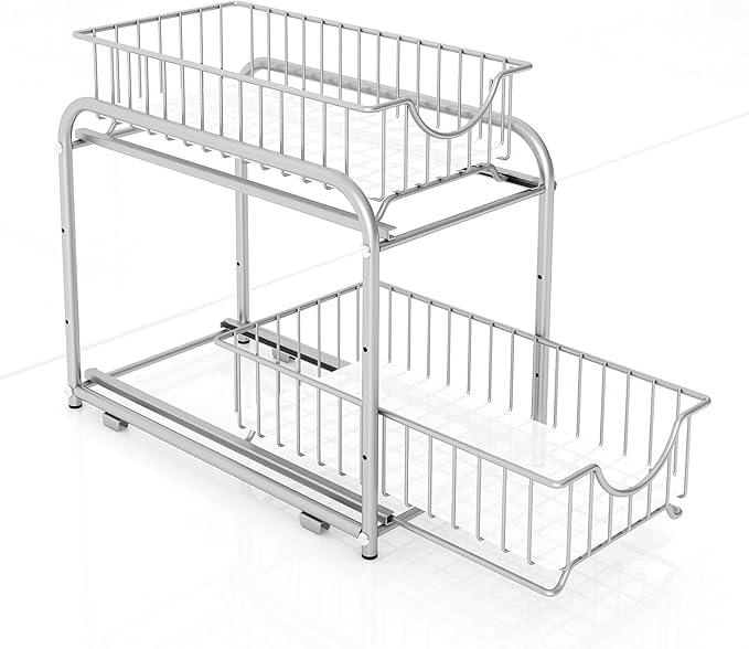 AIYAKA under sink storage 2 Tier Stackable Sliding Basket Organizer Drawer For Kitchen And Bathroom/Cabinet Drawers,silver