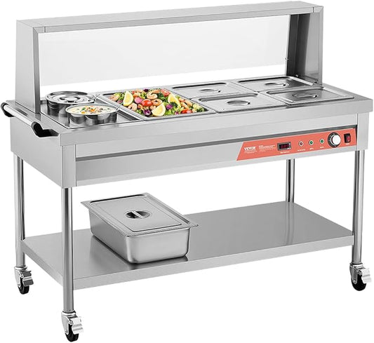 VEVOR Commercial Food Warmer, 5 Pans + 2 Pots Electric Steam Table, 1800W Professional Buffet Catering Food Warmer with Shield Undershelf Wheels, Stainless Steel Server for Party Restaurant Hotel
