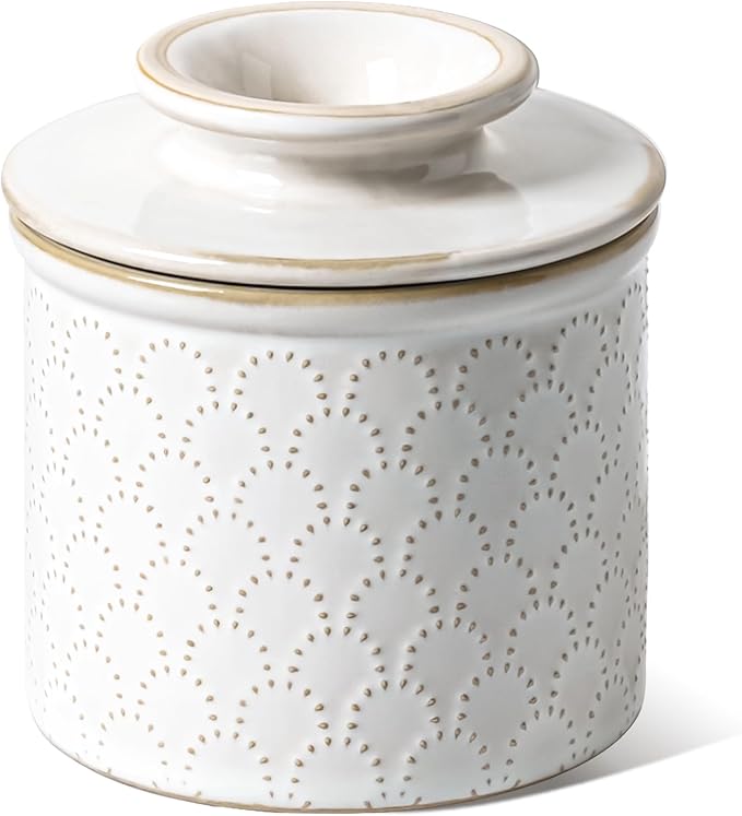 LE TAUCI Butter Crock, Butter Dish with Lid, Butter Container for Counter with Water Line, Embossed French Butter Keeper for Spreadable Butter, Suit For Housewarming - Set of 1, Arctic White,Fireworks