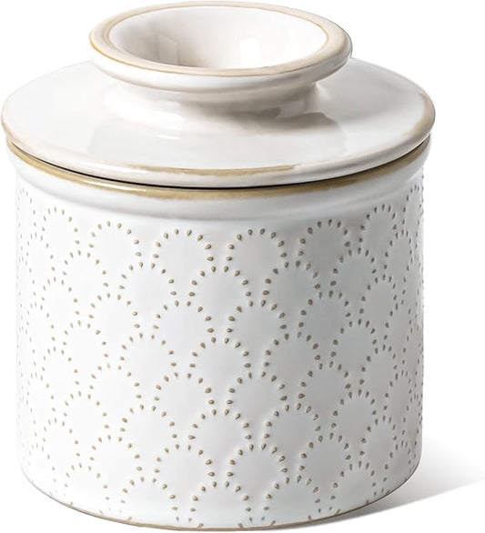 LE TAUCI Butter Crock, Butter Dish with Lid, Butter Container for Counter with Water Line, Embossed French Butter Keeper for Spreadable Butter, Suit For Housewarming - Set of 1, Arctic White,Fireworks
