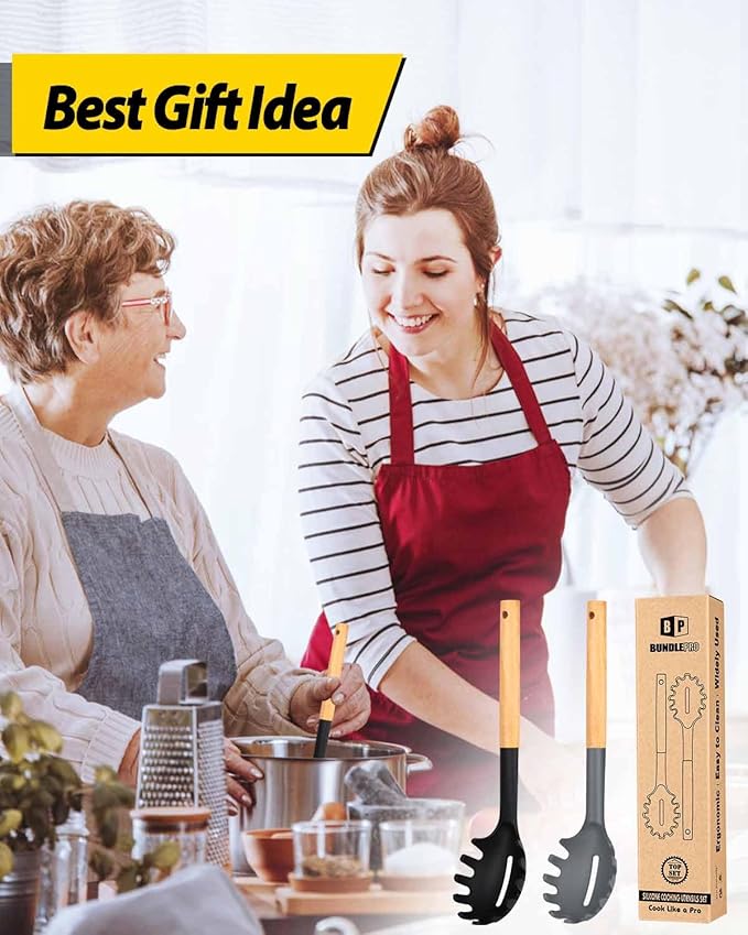 Pack of 2 Spaghetti Spoon, Silicone Pasta Fork with Wooden Handle, Heat Resistant Noodle Spoon Server, BPA Free Spaghetti Strainer(BLACK-GRAY)