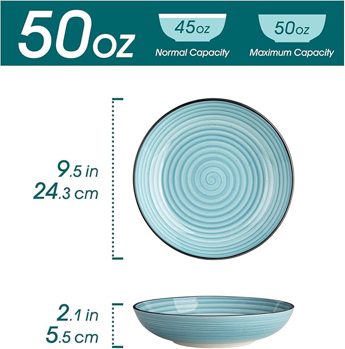 vancasso Bonbon Large Pasta Bowls Set of 6, 50 Oz Ceramic Salad Bowls, Wide and Shallow Bowls Set, Large Serving Bowls for Kitchen, Blue