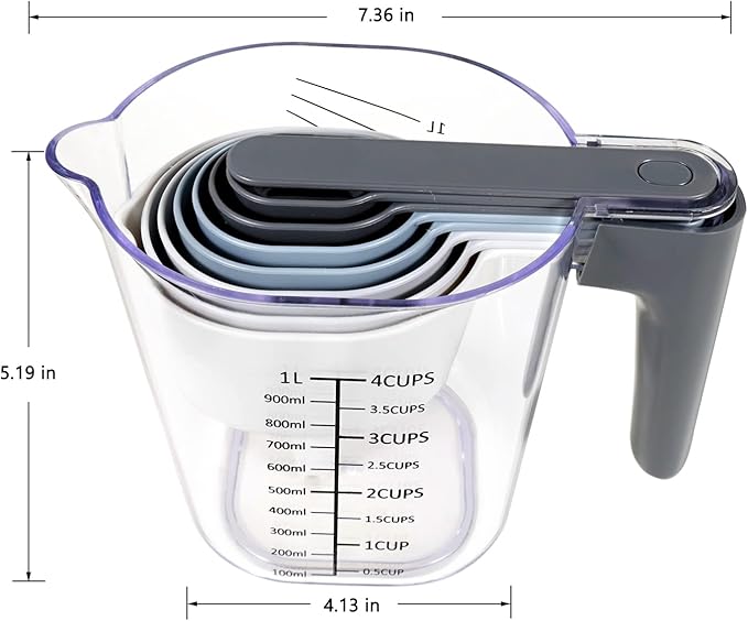 19 Pieces Measuring Cups and Spoons set, Includes 10 Stackable Measuring Cup with Lid and 9 Magnetic Measuring Spoons, Tablespoon for Liquid and Dry, BPA Free, Dishwasher Safe (Black)