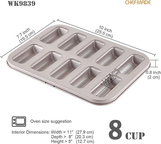 CHEFMADE Financier Cake Pan, 10-Cavity Non-Stick Rectangle Muffin Pan Biscuits Cookies Bakeware for Oven Baking (Champagne Gold)