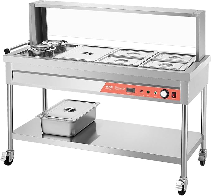 VEVOR Commercial Food Warmer, 5 Pans + 2 Pots Electric Steam Table, 1800W Professional Buffet Catering Food Warmer with Shield Undershelf Wheels, Stainless Steel Server for Party Restaurant Hotel