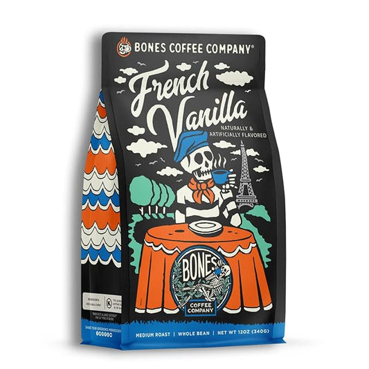 Bones Coffee Company French Vanilla, Creamy Vanilla Flavored Coffee, Medium Roast Low Acid Arabica Beans Compatible with Auto drip and French Press Coffee Maker, 12 Oz Whole Bean