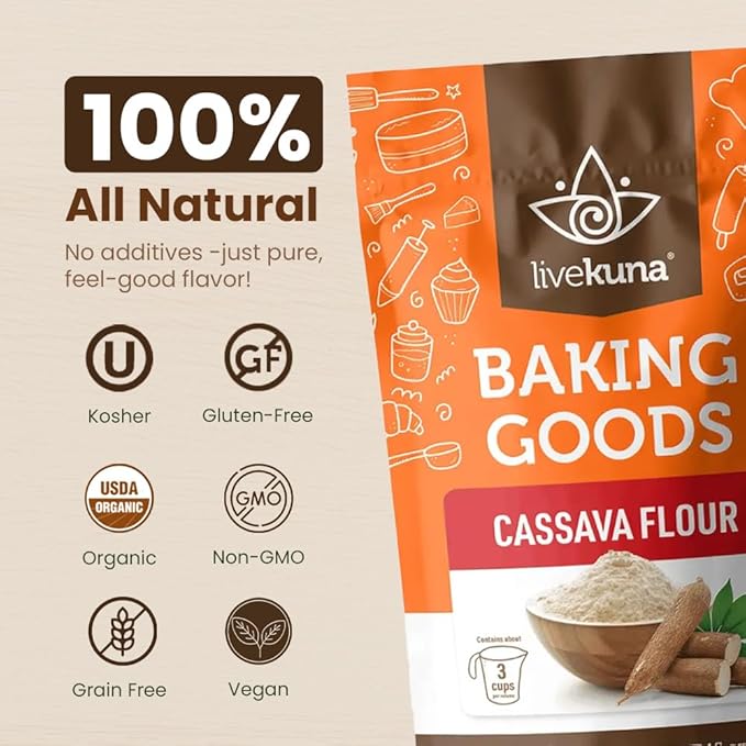 LiveKuna - Cassava Flour, Cassava Root Baking Flour, Gluten-free Flour, Alternative to All Purpose Flour, Spelt Flour, Great for Baking Vegan Bread and Casava Flour Tortillas