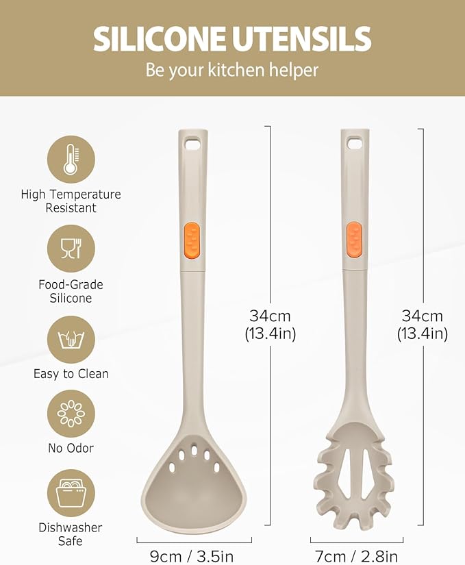 Silicone Pasta Fork and Ladle Spoon Set, Large Non Stick Kitchen Utensils for Cooking,Stirring,One Piece Serving Spaghetti, Soup, Sauce (KHAKI)