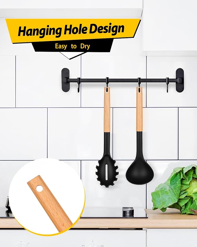 Silicone Pasta Fork and Ladle Spoon Set with Wooden Handle, Heat Resistant Non Stick Kitchen Utensils for Cooking, Stirring, Serving Spaghetti, Soup, Sauce(BLACK)