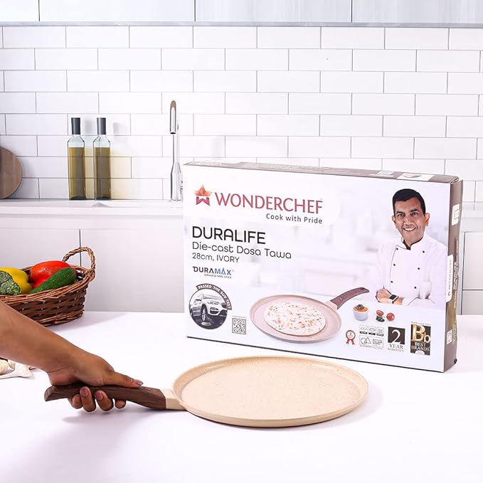 Wonderchef Duralife Die-cast 28 cm Dosa Tawa 5 Layer Healthy Duramax Non-Stick Coating Soft Touch Handle Pure Grade Aluminium PFOA Free 2 Year Warranty MediumIvory