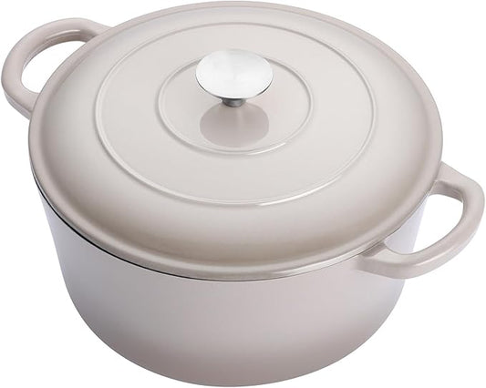 E-far 6 Quart Enameled Cast Iron Dutch Oven, Round Dutch Oven Pot with Lid, Nonstick Cookware for Braising/Stews/Roasting/Bread Baking/Cooking, Heavy Duty, Induction & Oven Safe - Khaki