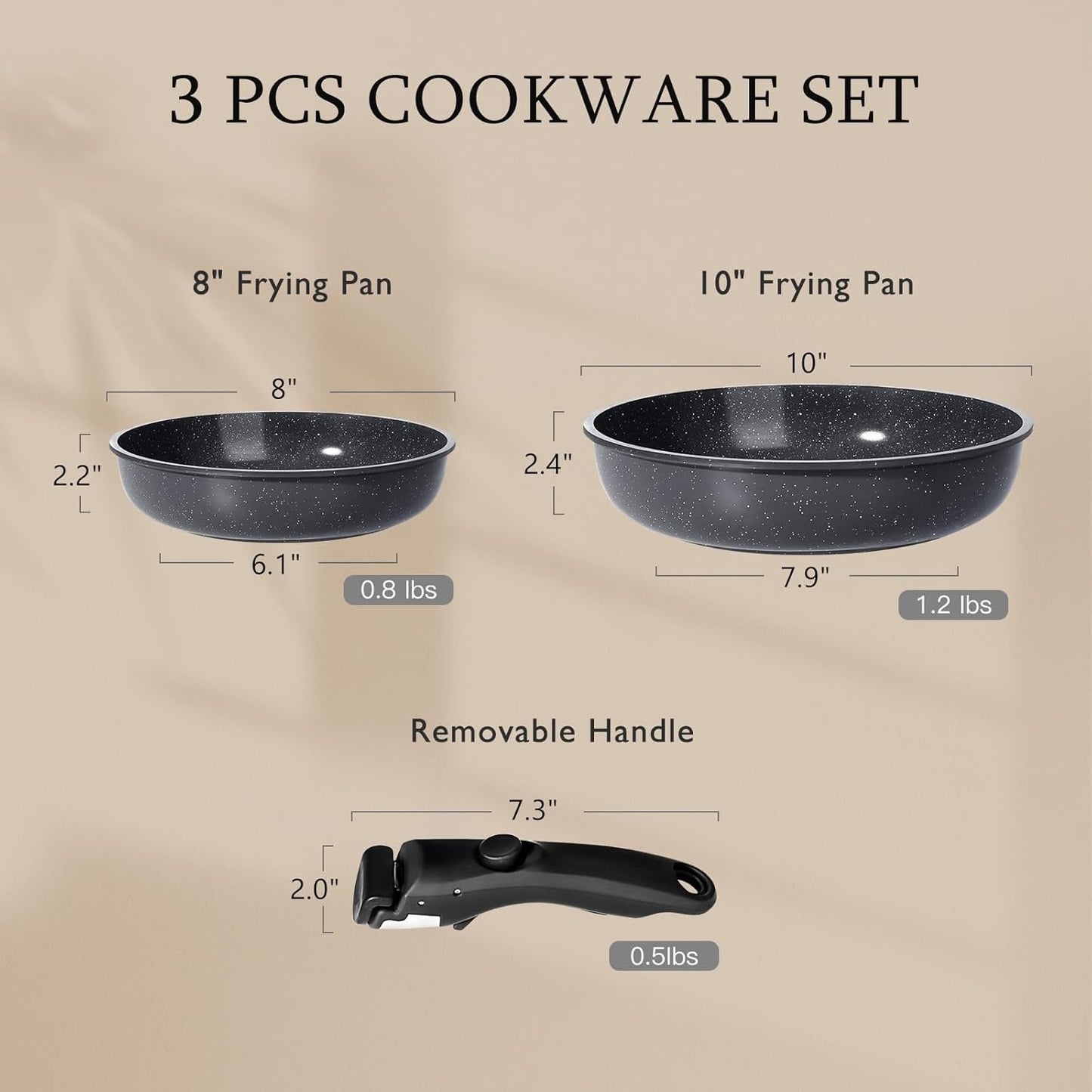 GiPP Ceramic Non Stick Frying Pans Set Removable Handle, Dishwasher & Oven Safe Nonstick Skillets with Detachable Handle, Healthy Cooking Compatible with All Stovetops, PFOA Free, RV Cookware set