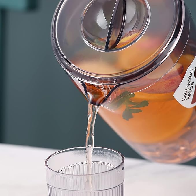 HOMQUEN Plastic Pitcher with 3 Cup, 60 Oz/1.8L Water Pitcher with Lid, Iced Tea Pitcher, Water Carafe, Jar Pitcher, Water Jug with Handle for Tea, Juices, Milk, Cold or Hot Beverages (Gray)