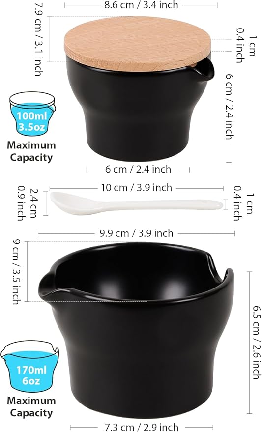 INGOFIN Ceramic Sugar and Creamer Set with Lid and Spoon, 3-Piece Porcelain Creamer Pitcher Milk Jug and Sugar Bowl for Coffee Bar, Tea Time, Kitchen Serving,3.5oz & 6oz, Dishwasher Safe, Modern Black