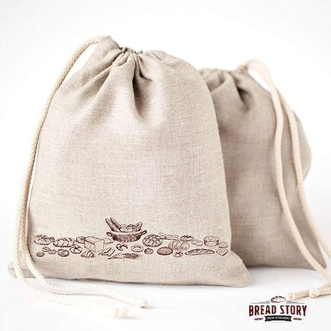 Linen Bread Bags - 2-Pack 11 x 15 inch Ideal for Homemade Bread, Unbleached, Reusable Food Storage