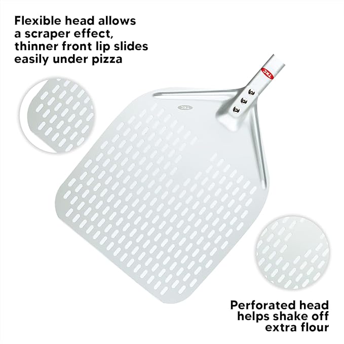 TKC Perforated Pizza Peel 12 Inch - Long Handle Perforated Aluminum Pizza Paddle - Lightweight Pizza Turning Peel Spatula - Compatible with all Ooni Pizza Ovens - 26 Inch Overall Length (Silver/Gray)