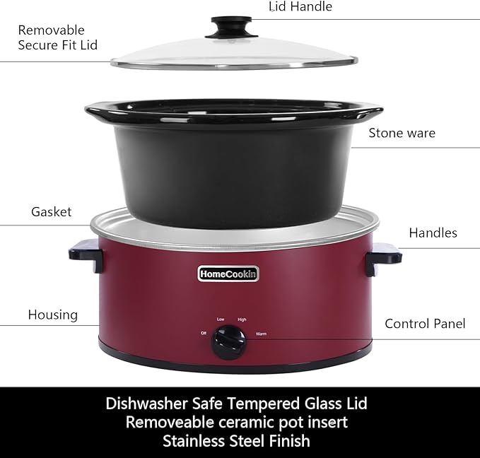 HOMECOOKIN 7 Quart Slow Cooker Oval Manual Pot Food Warmer with 3 Cooking Settings, Red Stainless Steel