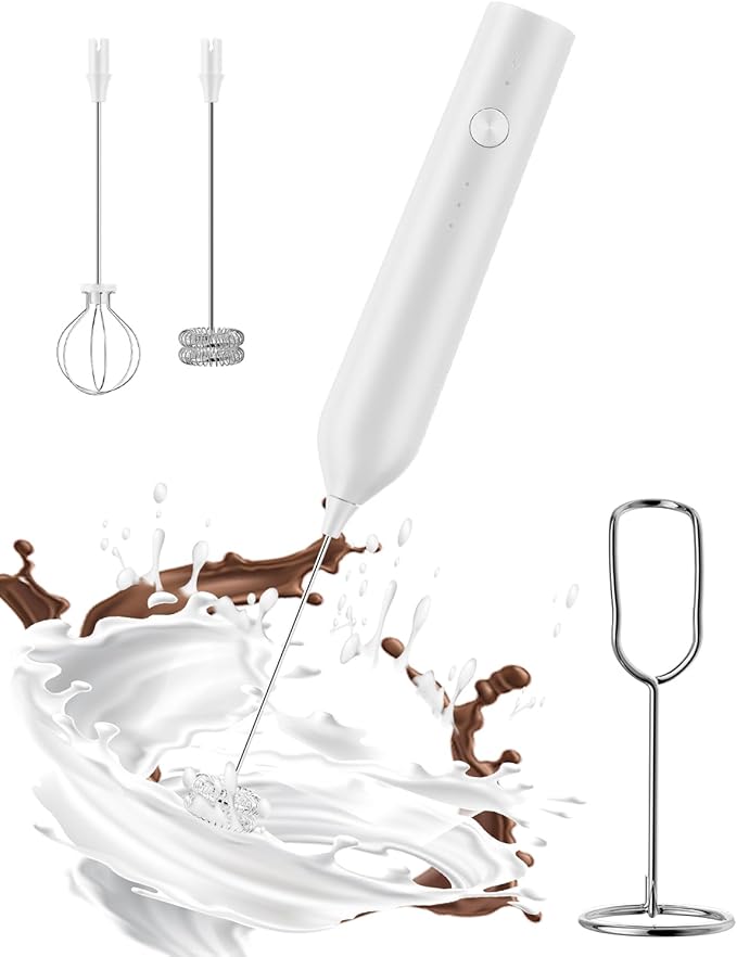 Rechargeable Milk Frother with Stand, Electric Frother Wand Handheld Coffee Foam Maker Detachable Stainless Steel Whisk Drink Mixer Foamer for Latte, Cappuccino, Hot Chocolate, Egg (White)