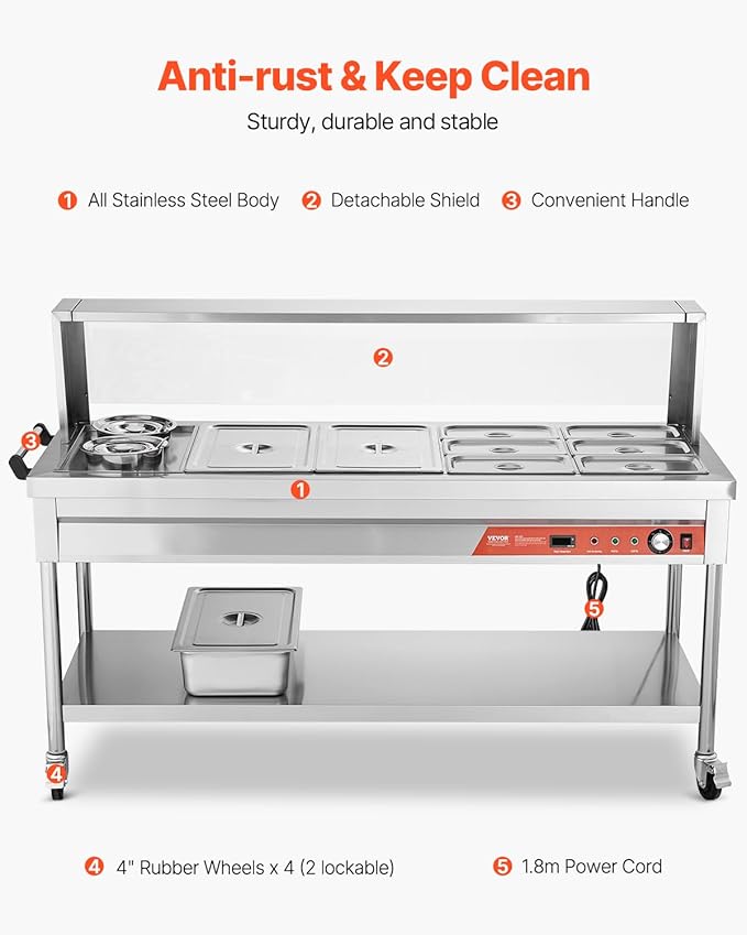 VEVOR Commercial Food Warmer, 8 Pans + 2 Pots Electric Steam Table, 1800W Professional Buffet Catering Food Warmer with Shield Undershelf Wheels, Stainless Steel Server for Party Restaurant