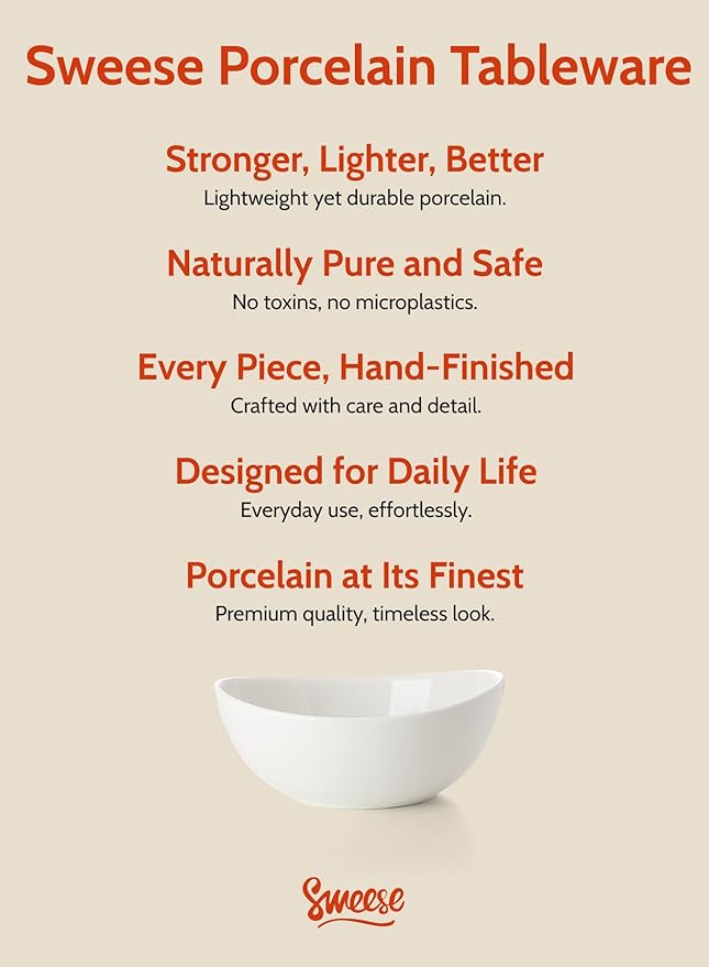 Sweese Porcelain Bowls Set - 6 Inch, 18 oz, White, for Soup, Cereal, Fruit, Rice, Set of 6 - Microwave, Dishwasher, Oven Safe