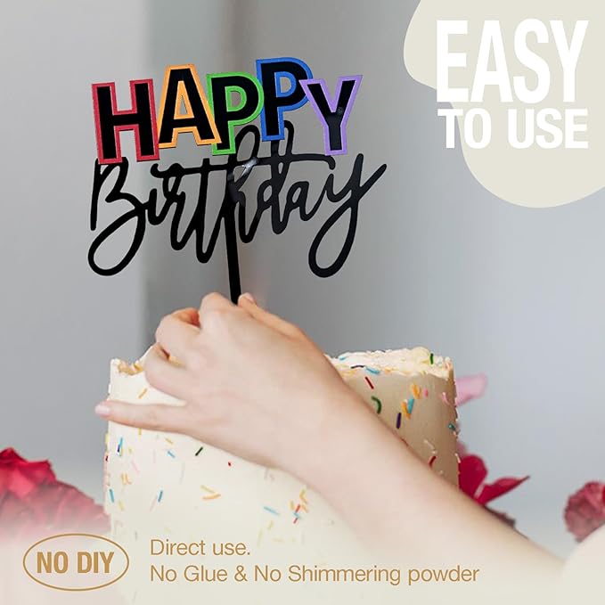 Acrylic Black Happy Birthday Cake Topper, 7.5" x 6" Rainbow Birthday Cake Decoration (Black)