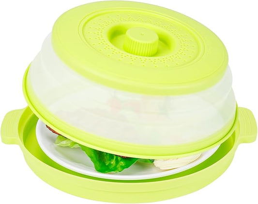 10.7 Inch Microwave Food Cover with Heat Insulation Mat, Anti-Scald Collapsible Microwave Splatter Cover, Multi-Functional as Colander & Fruit Plate, Dishwasher Safe, Ideal for Meal Prep (Green)