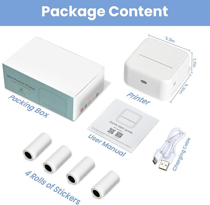 Sticker Printer, Thermal Label Maker Mini Sticker Maker with 4 Roll Paper Bluetooth Inkless Sticker Maker Machine for Home, Office, School, DIY Creations, Sticky Scrapbook, Lists