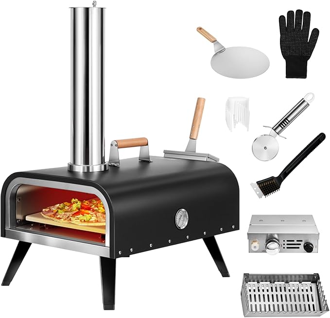 EDOSTORY Outdoor Wood Fired Gas 12'' Pizza Oven Multi-Fuel, Gas Burner, Wood Tray, Portable, Oven Grill, Outside, Backyard, Pizza Maker, oven gloves, Peel, Cutter (Gas Fire)