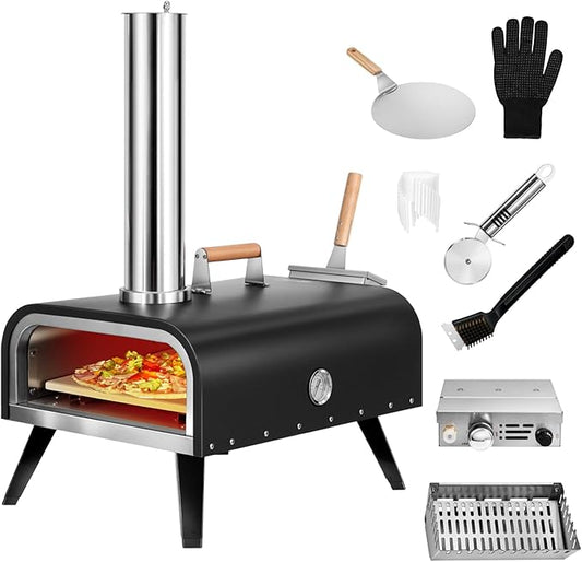 EDOSTORY Outdoor Wood Fired Gas 12'' Pizza Oven Multi-Fuel, Gas Burner, Wood Tray, Portable, Oven Grill, Outside, Backyard, Pizza Maker, oven gloves, Peel, Cutter (Gas Fire)