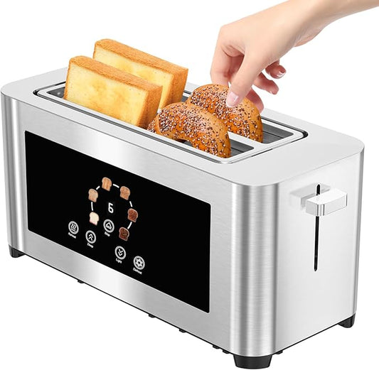 Touch Screen Smart Toaster 4 Slice, LCD Display, 1.6" Long Slot Toaster with 6 Shade Settings, Defrost, Reheat & Removable Tray, Wide Slot for Long Bread, Bagels, Waffles, 1300W, Stainless Steel